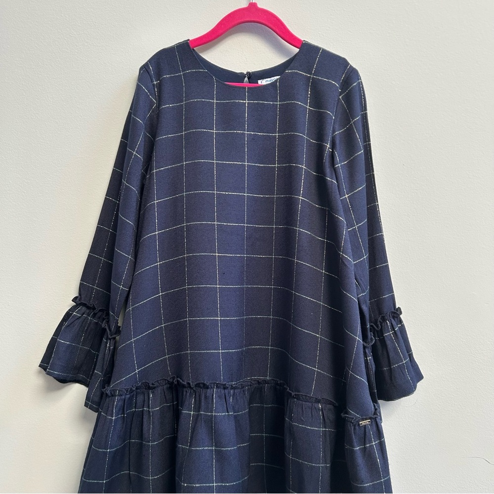 Mayoral Girls Navy Blue And Gold Check Dress, Size 8 - Picture 2 of 12